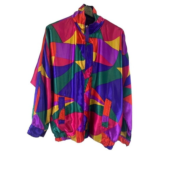 BOGO Monaliza Satin Jacket Vintage Reversible Purple Multi Geo Full Zip Pocket L - Picture 1 of 16